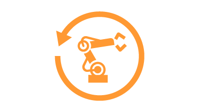Dairesel bir ok içinde bulunan turuncu renkli endüstriyel robot simgesi